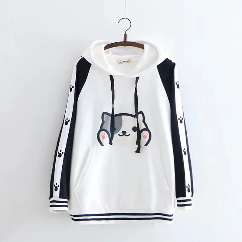 

Harajuku Gothic Kawaii Hoodies Japanese Cute Anime Cat Ears Pullovers Mori Girl Lovely Graphic Hooded Black White Sweatshirt