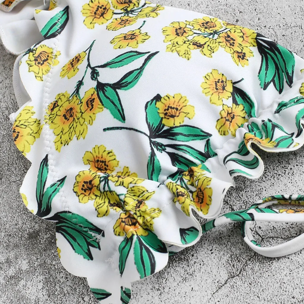 38 # Купальник женский летний сексуальный бандажный цветочный принт с рюшами