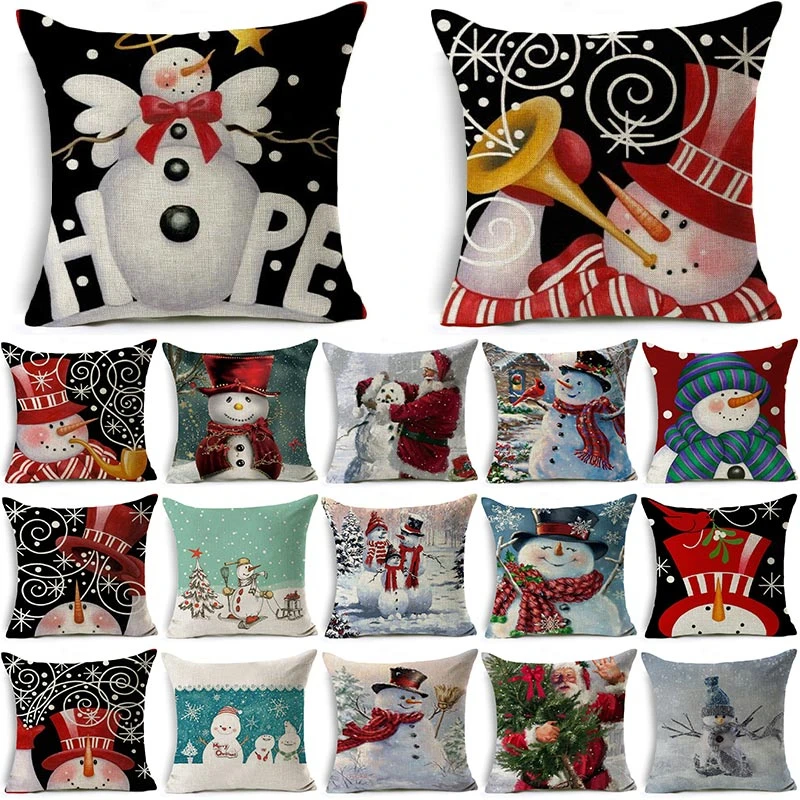 

1 шт. Рождественская декоративная наволочка из хлопка и льна с рисунком Санта-Клауса и снеговика, 40663
