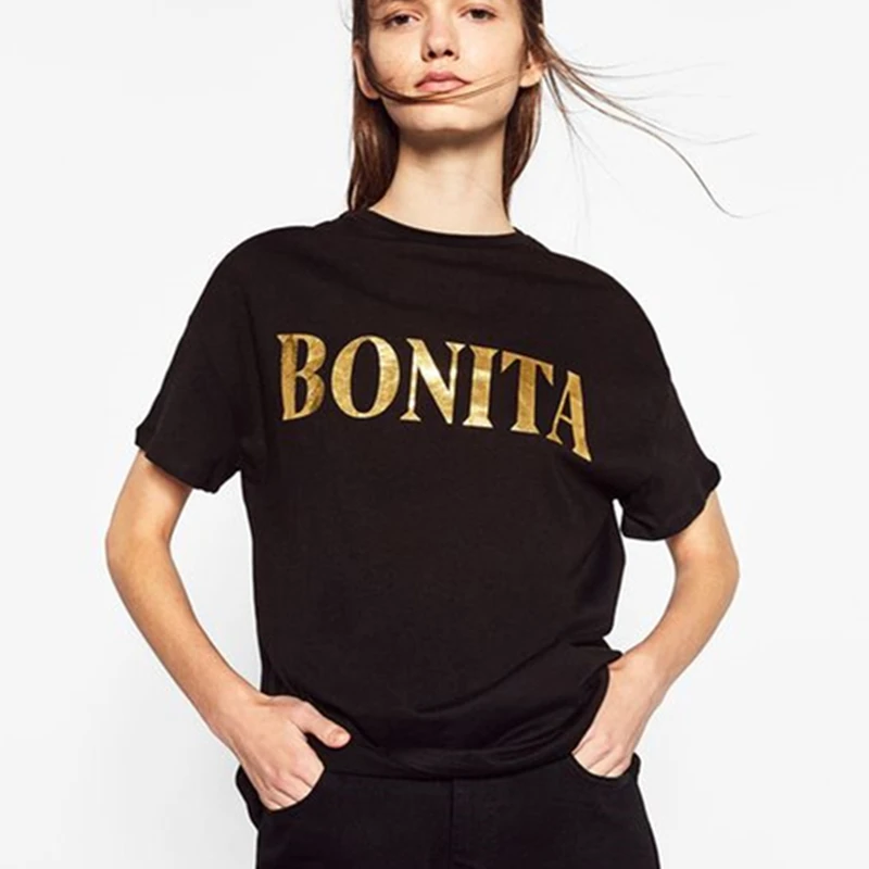 Изящная женская черная футболка с принтом золотого логотипа|Футболки| |