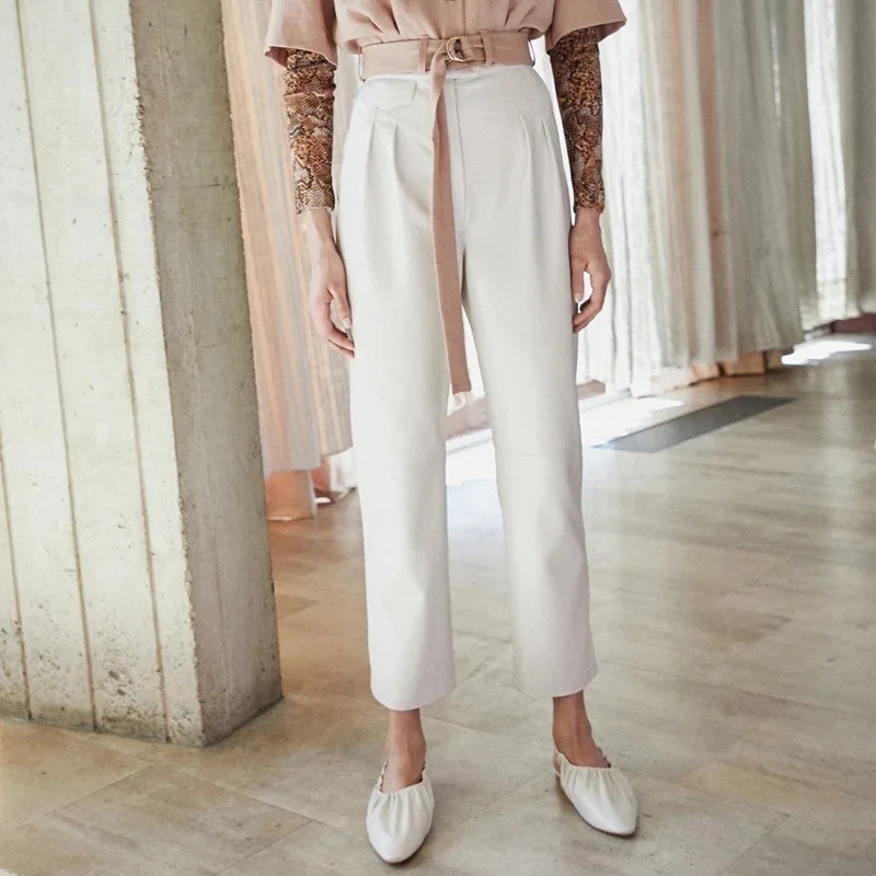 Новинка женские длинные табачные брюки с высокой талией из искусственной кожи