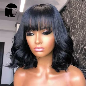 Natural Color Full Machine Made Wigs With Bangs Short Bob 12Inch 14Inch Remy Brazilian Human Hair Wi