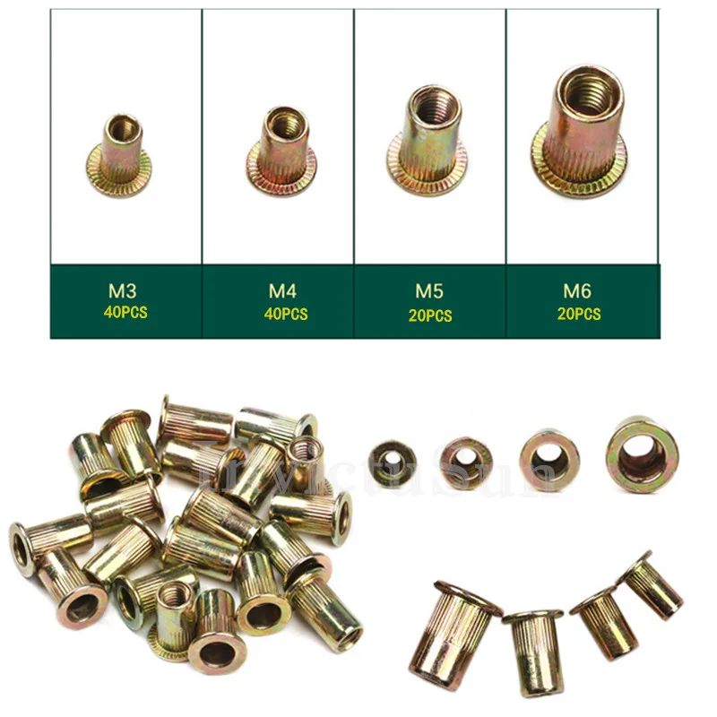 

120PCS M3 M4 M5 M6 Flat Head Rivet Nut Set Carbon Steel Insert Reveting Multi Size Rivet Nuts Hardware Parts