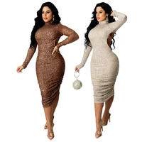 clothing 2022 womens sequined sexy full sleeve bodycon o neck night club party street bandage midi pencil dresses