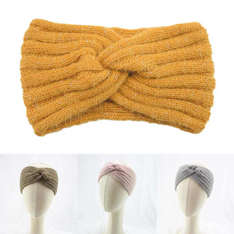 

Winter Knitted Headband Elastic Hair Bands Cross Wide Headwrap Solid Color Faux Fur Bright Silver Hairband Hair Accessories hot