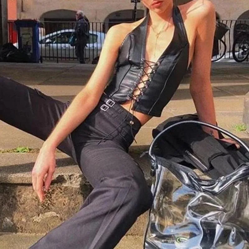 

Fashion Punk Black Leather Hollow Crop Tops Womens Fashion Fashion Stretch Leather Slim 2021 Camisole Soft Summer Tees Tops O9T6