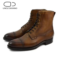 uncle saviano brown winter add velvet mens shoes fashion lace up work boots best designer non slip genuine leather men shoes