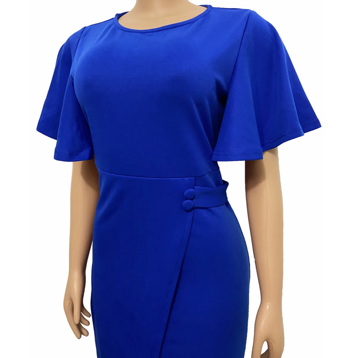 

BacklakeGirls Blue Solid Ruffled Sleeve Women Office Dress Elegant Office Ladies Trench Dress O-neck Party Dress Vestidos