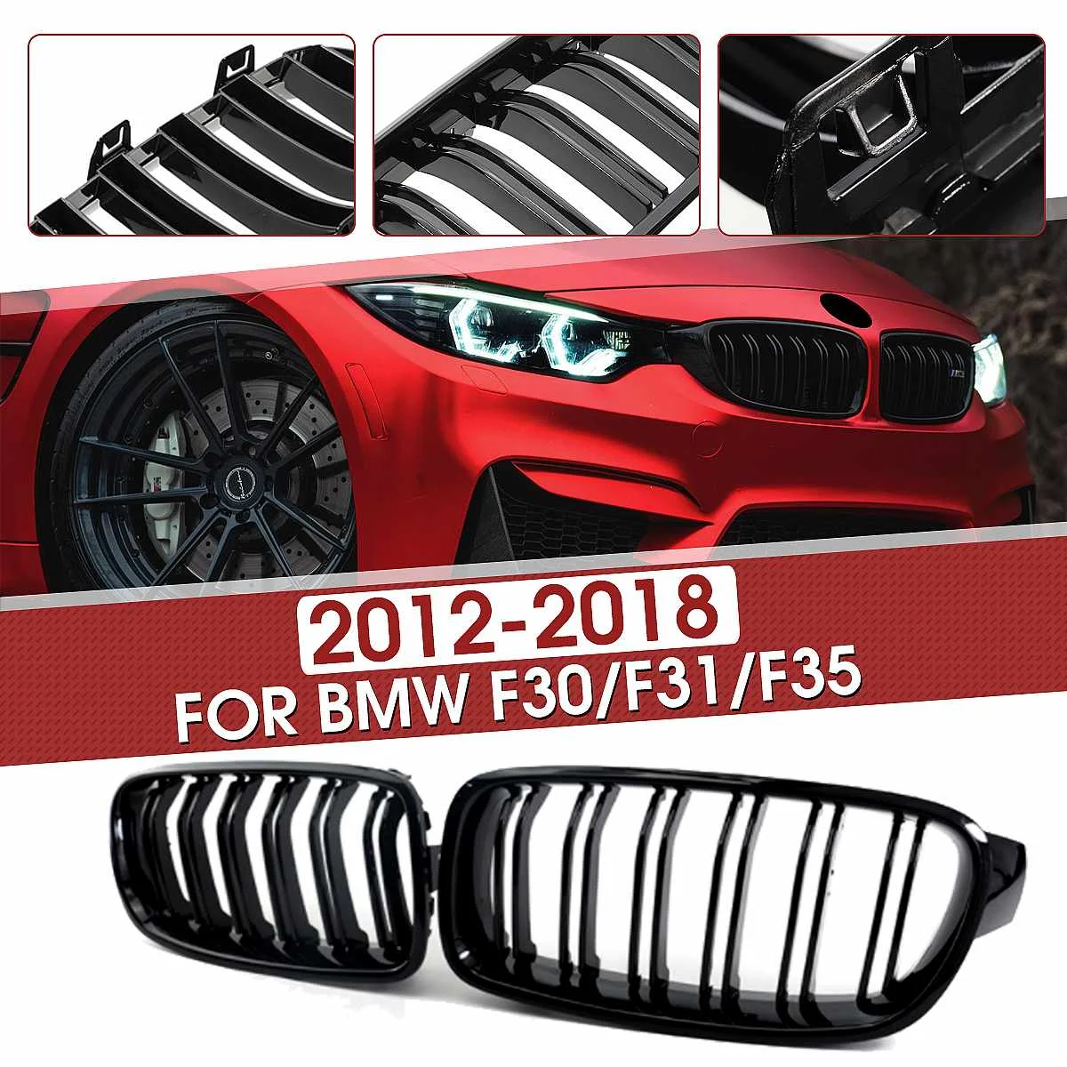 

2PCS Car Gloss Black Front Grille F30 For BMW 3 series ABS Grille for BMW F35 2012-2018 Dual Slat Grille Style Car Accessories