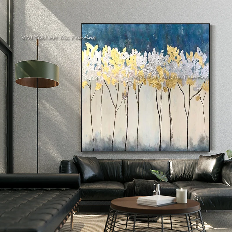 Горячая ручная работа абстрактная серебристая светло-золотая фольга холст