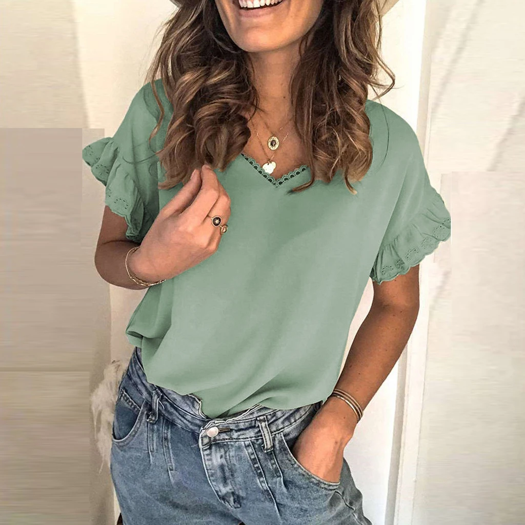 

Elegant Women T-Shirt Sexy Solid Color V-Neck Ruffle Short Sleeve Shirts Clothesing Casual Womens Vogue Tops 2021 Summer New