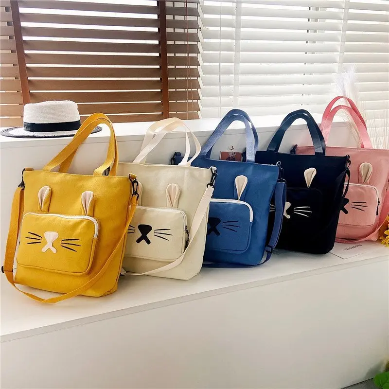 

Luxury Designer Handbag Canvas Women Shoulder Bag Large Capacity Shopping Bags Cartoon Cat Printed Zipper Square Messenger Bag