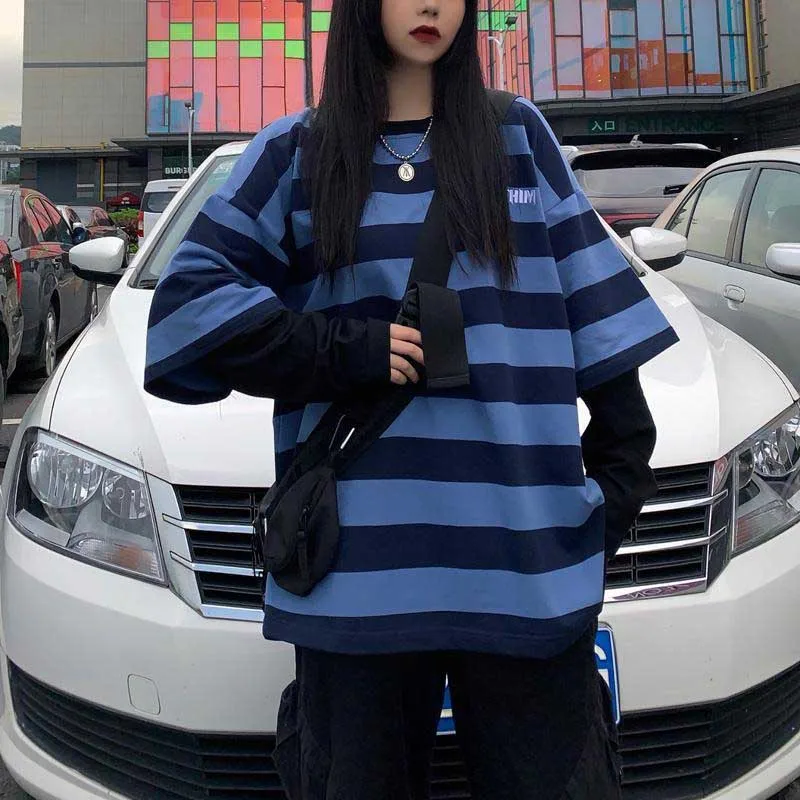 Топы женские Harajuku bf wind street horror comics цвет поддельные две женские парные модели черный серый джемпер футболка в полоску tshir