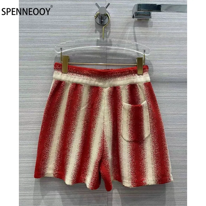 SPENNYMOOR 2021 Designer Brand Summer Stripe Knitting Shorts Women Elastic Waist Casual Loose Shorts
