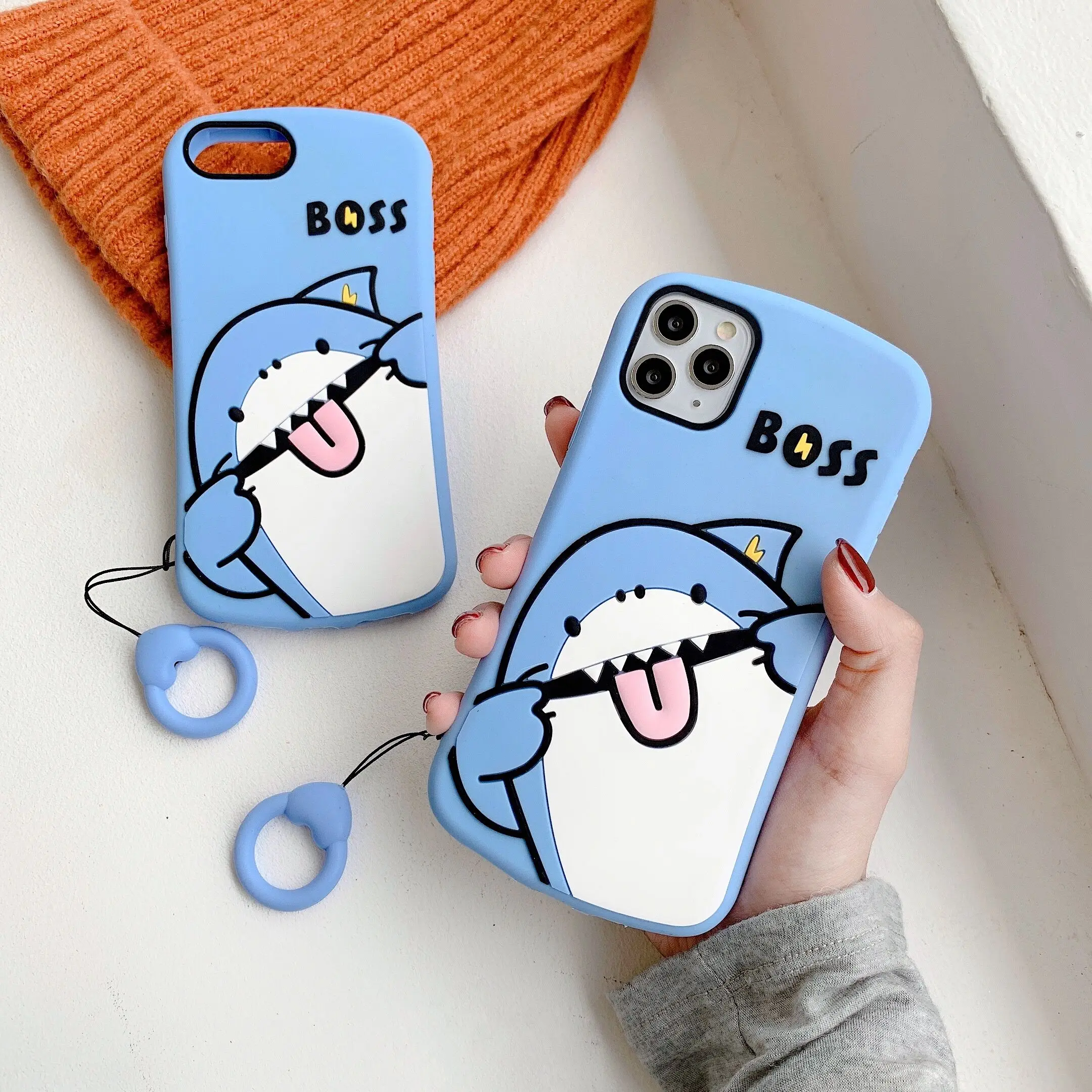 Shark Boss 3D Cartoon silicone Cover For iphone 12 11Pro Phone Case Love Ring pendant For X XR XSMAX 6 6s 7 8 Plus soft cover