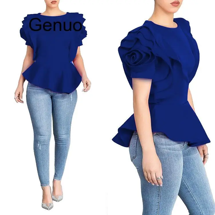 Women Blouse Tops Shirt Layers Petal Sleeves Elegant Fashion Spring Summer Rose Red Blue Black White Bluas Ruffles Classy Lady