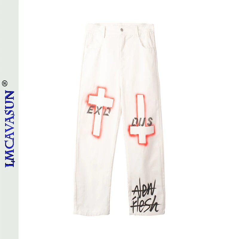 

LEIMEICHEN Gothic Cross Graffiti Streetwear Casual Pants Mens Oversize Straight Hip Hop Loose Cargo Pants Retro Baggy Trousers