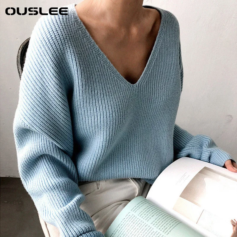 Свитер OUSLEE женский с длинным рукавом базовый однотонный пуловер V-образным