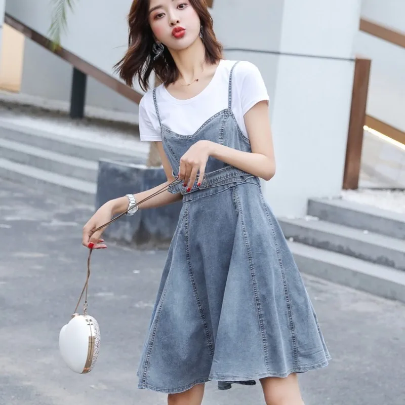 Летнее корейское женское джинсовое платье трапециевидной формы без рукавов на