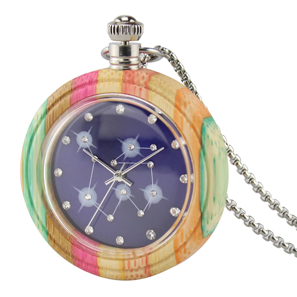 Unique Colorful Wood Quartz Pocket Watch Fashion Candy Color Wooden Round Case Necklace Sweater Chain Clock Relojes de bolsillo