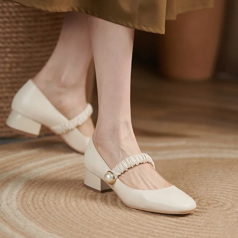 

Korean Style Pumps Women Shoes Large Size 41 42 Spring Autumn Square Toe Solid Block Medium Heels 2021 New Mary Jane Shoes Woman