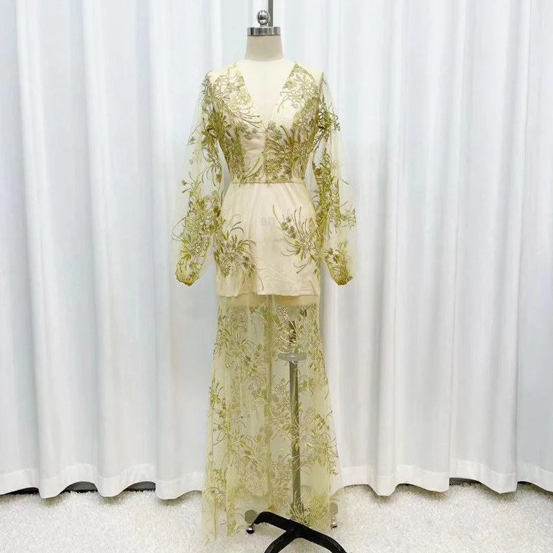 

Women's Party Prom Sexy V Neck Long Lantern Sleeves Embroidery Elegant Long Maxi Designer Dresses Vestidos