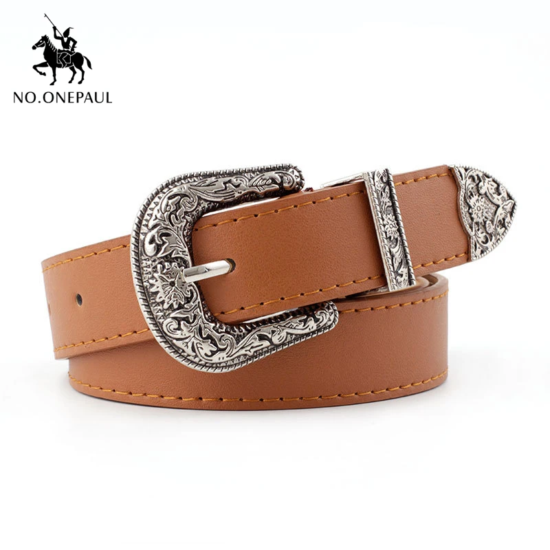 Женский ремень в западном стиле NO.ONEPAUL черный кожаный с металлическим ремнем