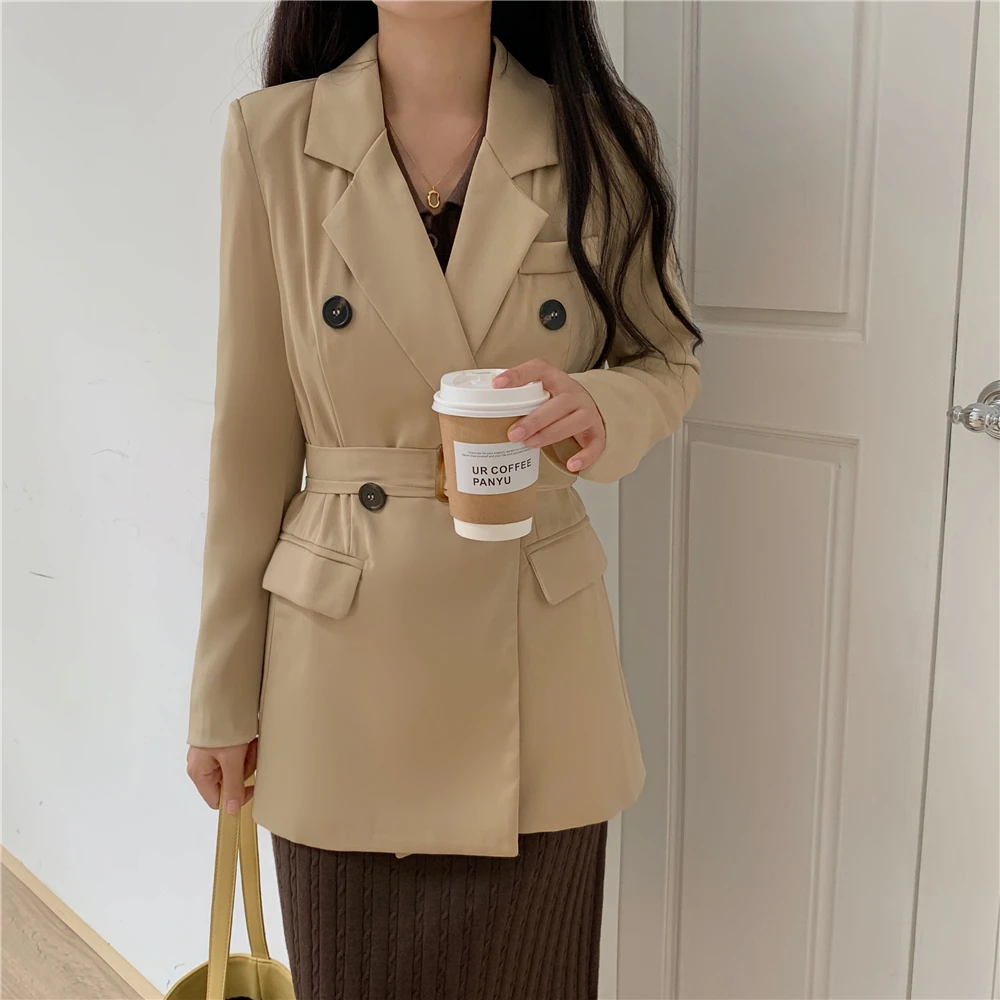 

HziriP OL Notched Vintage Double Breasted Blazer Jacket 2021 New Autumn Winter Plus Size Lace-up Formal Women Blazers Suit Coat