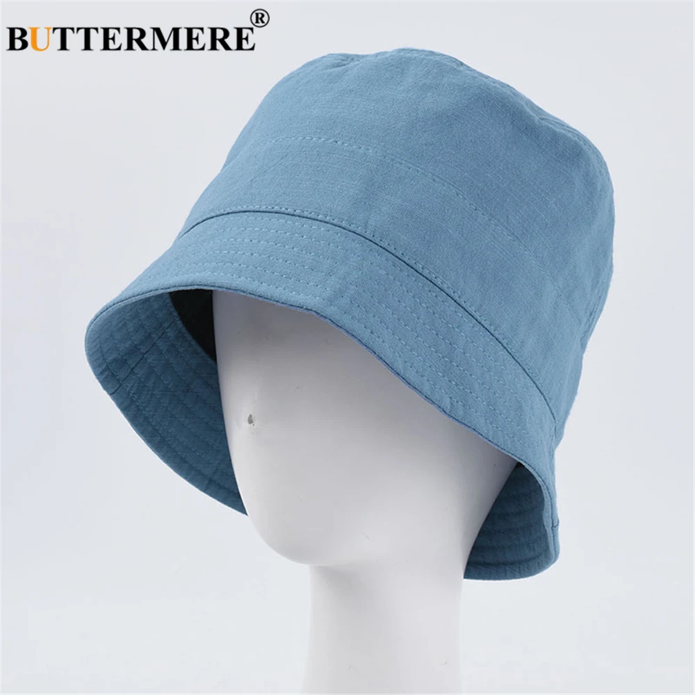 BUTTERMERE Summer Bucket Hat Womens Solid Orange Fishing Hat Japanese Harajuku Cotton High Quality Sun Protector Hat