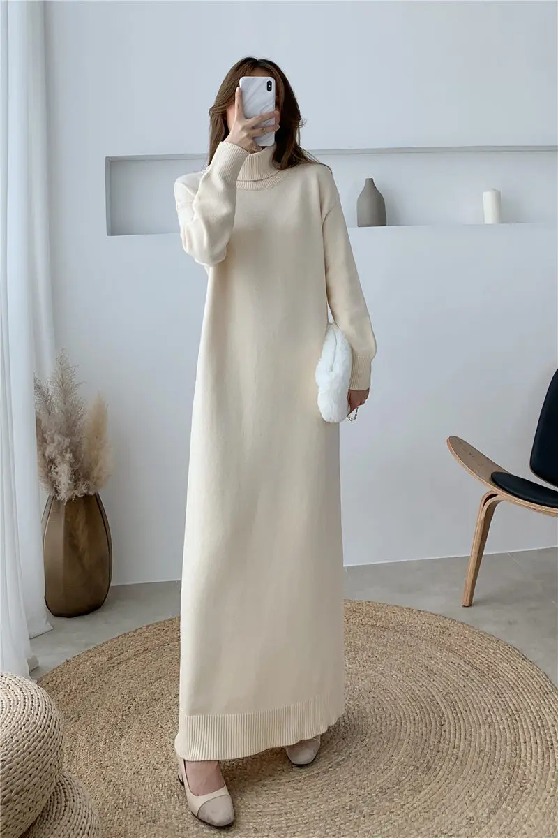 

Extra Long Sweater Dress Women Autumn and Winter High-neck Long Sleeve Knitted Bottoming Dress Thick Shirt Femme Robe f2618