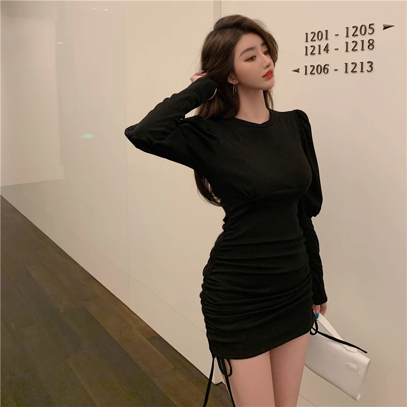 

COIGARSAM Full Sleeve Women Mini dress New Pleated High Waist Dresses Gray Black 5760