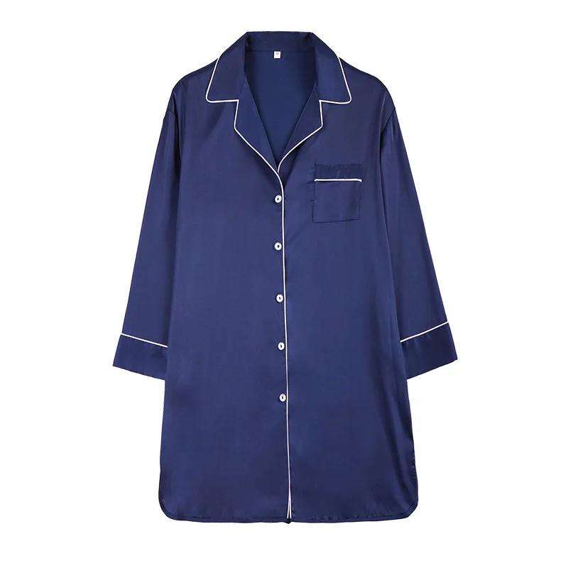 

Women Turn-down Collar Sleepshirts Casual Full Sleeve Spring Summer Sleepwear Sexy Short Nightgown With Pocket Ice Silk Homewear