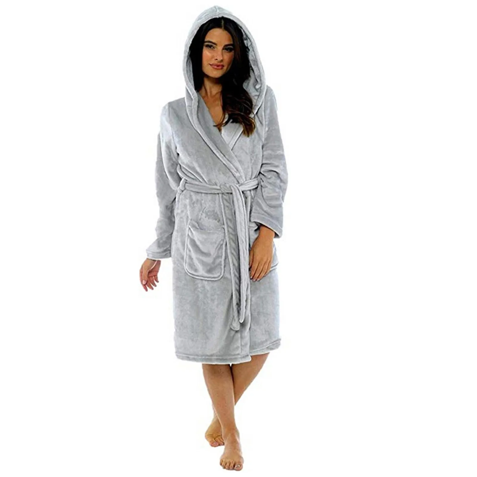 

Women Winter Bathrobe Plush Lengthened Shawl Bathrobe Home Clothes Long Sleeved Knee-length Coat Plus Size Dropshipping