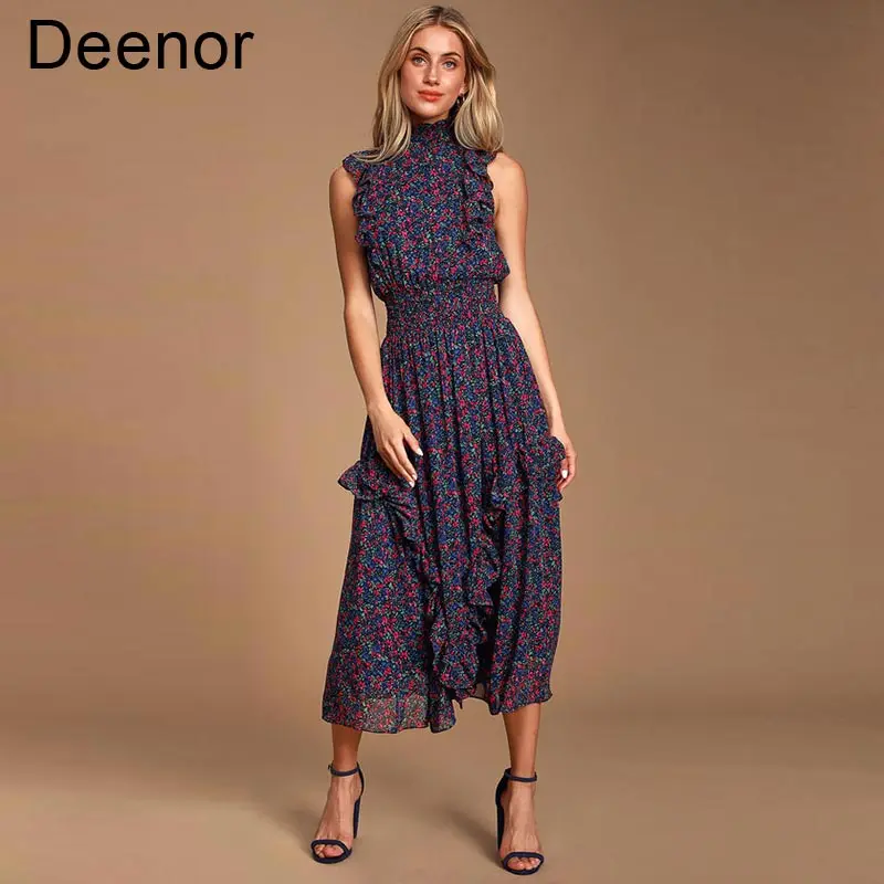 

Deenor Women's Dress Temperament Sleeveless Printed Pleated Dress Long Skirt Summer Maxi Dresses Elegant Dresses for Women