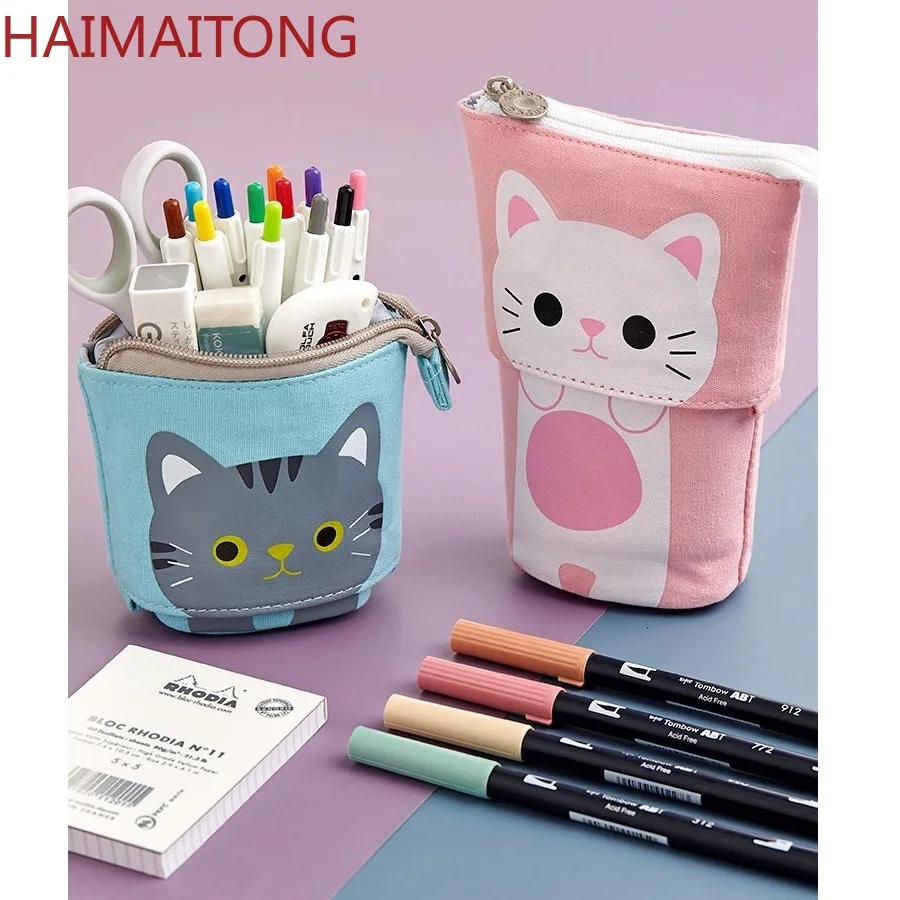 

Angoo [Fun] Pen Pencil Bag Case, Cartoon Cute Cat Bear Sheep Canvas Fold Standing Holder Stationery Organizer Kids Gift A6445