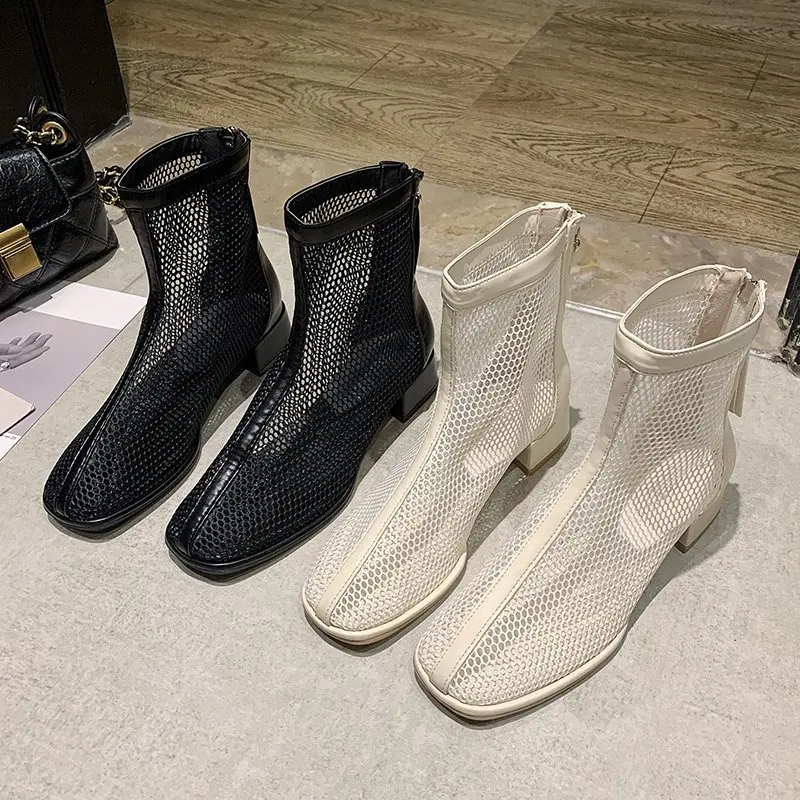 

2021 Cool Boots Leather Mesh Zipper Female Pumps Spring Summer Square Toe Square High Heel Women Shoes Size 35-39