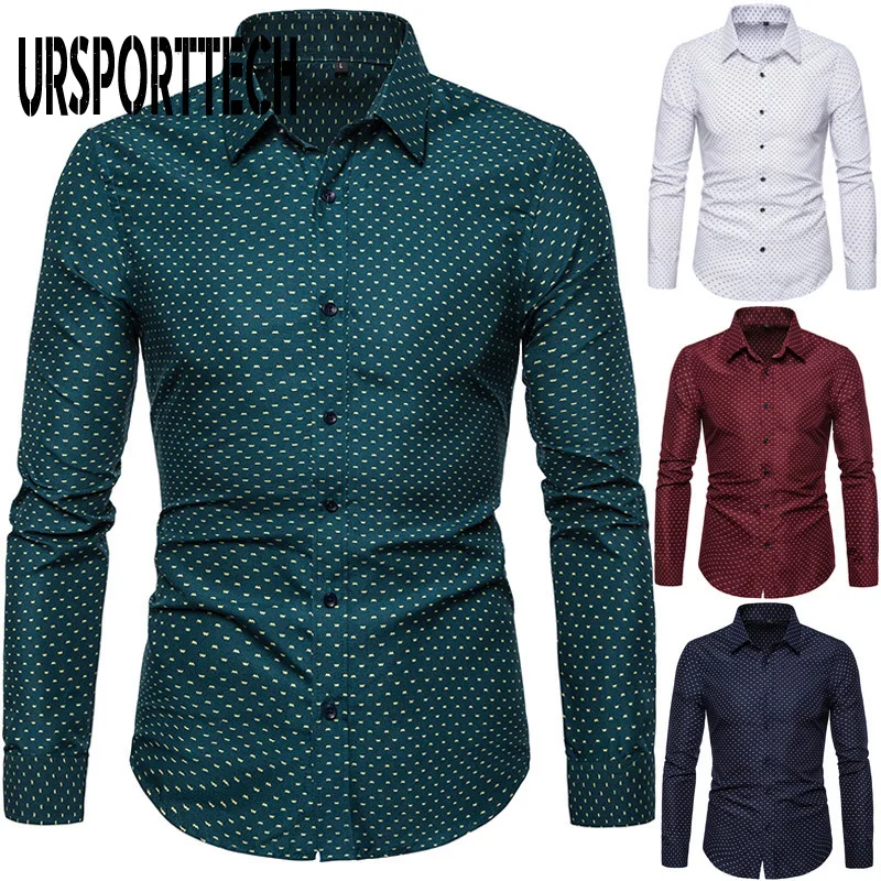 URSPORTTECH Men Shirt Plus Size M-5XL Long Sleeve Print Shirt Men Blouse Tops Shirt Office Business Casual Slim Fit Clothing