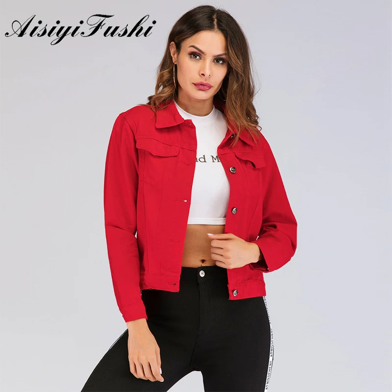 Красная укороченная джинсовая куртка женская модная в стиле Харадзюку бойфренд