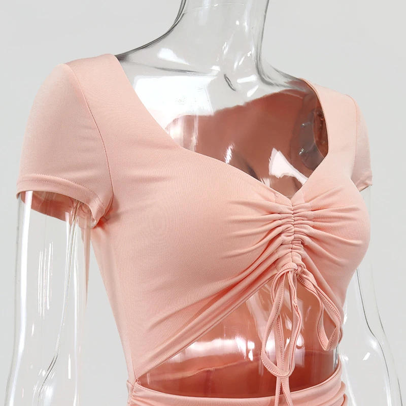 

Hotvestita 2021 Summer Women's Short Sleeve Dress Sexy Hollow Out Bodycon Ruched Elegant Party Club Dresses Streetwear Outfits