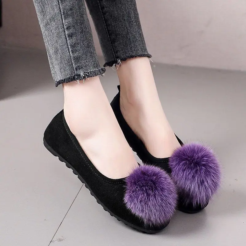 

Big Size 35-42 Women Flat Shallow Shoes Candy Colors Woman'S Loafers Autumn Winter Fur Suede Leather Sweet Slip On 2022