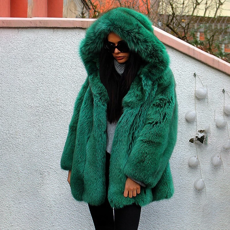 Natural Green Fox Fur Coats Medium Length Luxury Whole Skin Genuine Fox Fur Jackets Medium Length Winter 2022 New Fur Overcoats