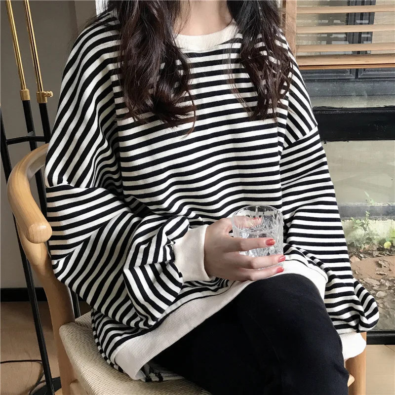 

Hoodies Women Striped Korean Style All-match Autumn Slouchy Female Clothing Casual Loose Long Sleeves Trendy Cute Sweatshirts