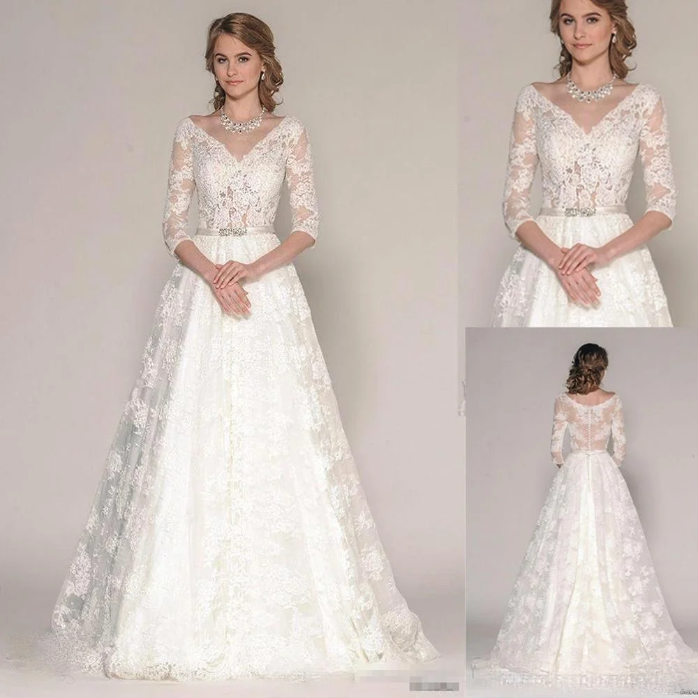 

Elegant 3/4 Long Sleeves Wedding Dresses A Line V Neck Full Lace Applique Ribbon Crystal Garden Wedding Gown Bridal Dress
