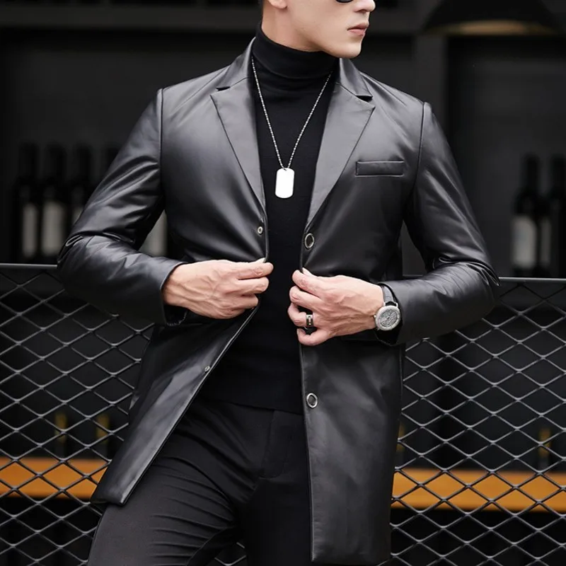 

Long Mens Winter Mid Business Blazer Down Jacket Office Coats Slim Fit Single Breasted Sheepskin Real Leather Jacket Overcoat