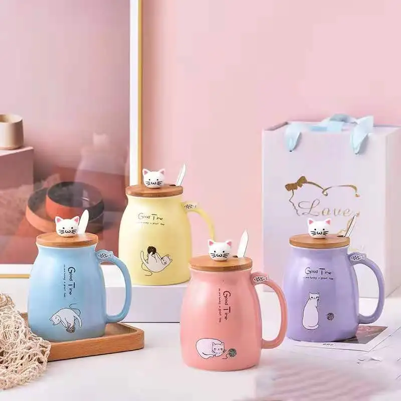 

450ml cartoon ceramic cute cat mug with lid and spoon mug home coffee milk tea mug breakfast drink cup novelty gift