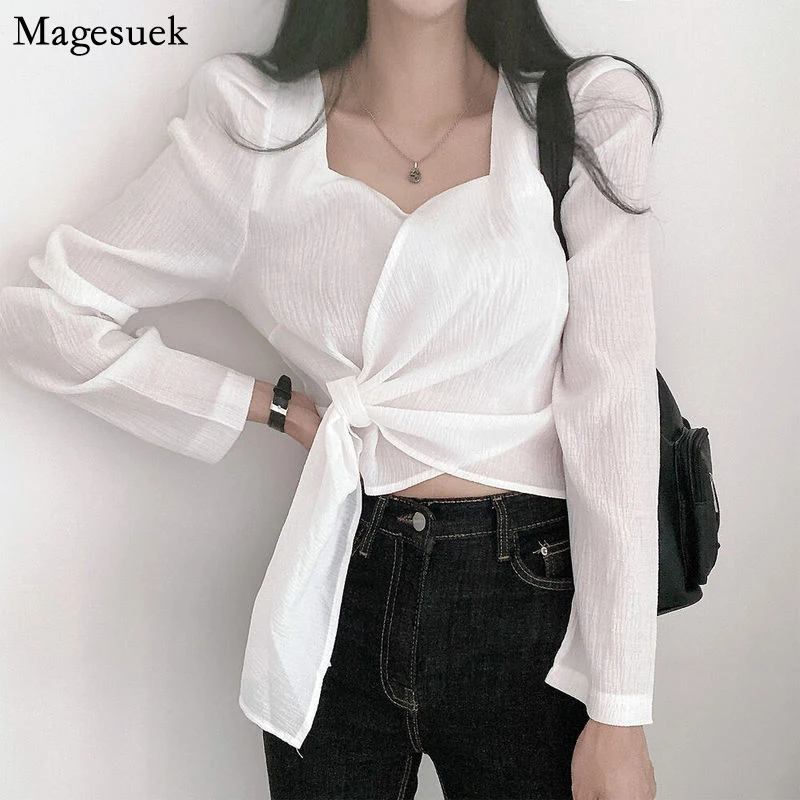 

Korean Autumn Spring Fashion Blouse for Women Chic Solid Square Collar Shirt Elegant Slim Women Long Sleeve Tops Blusas 18164