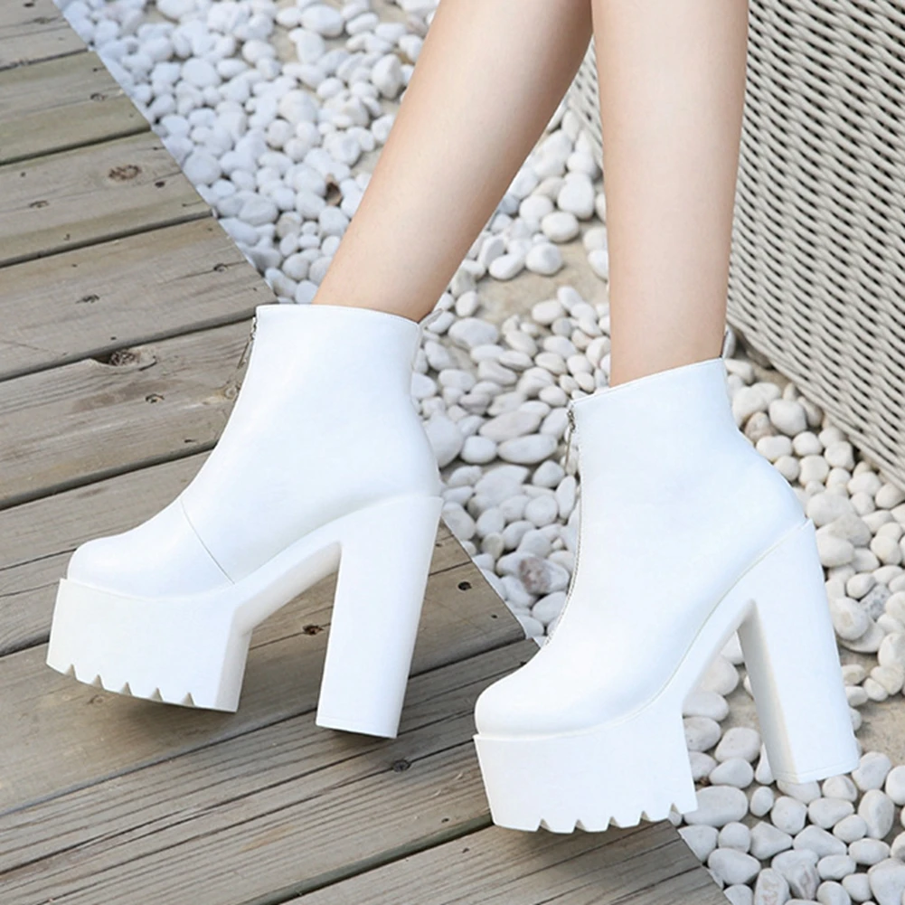 

RIBETRINI Female Zipper Block Heel Shoes Fashion Brand Designer Platform Ankle Women Boots Fashion Classic Brand Boots