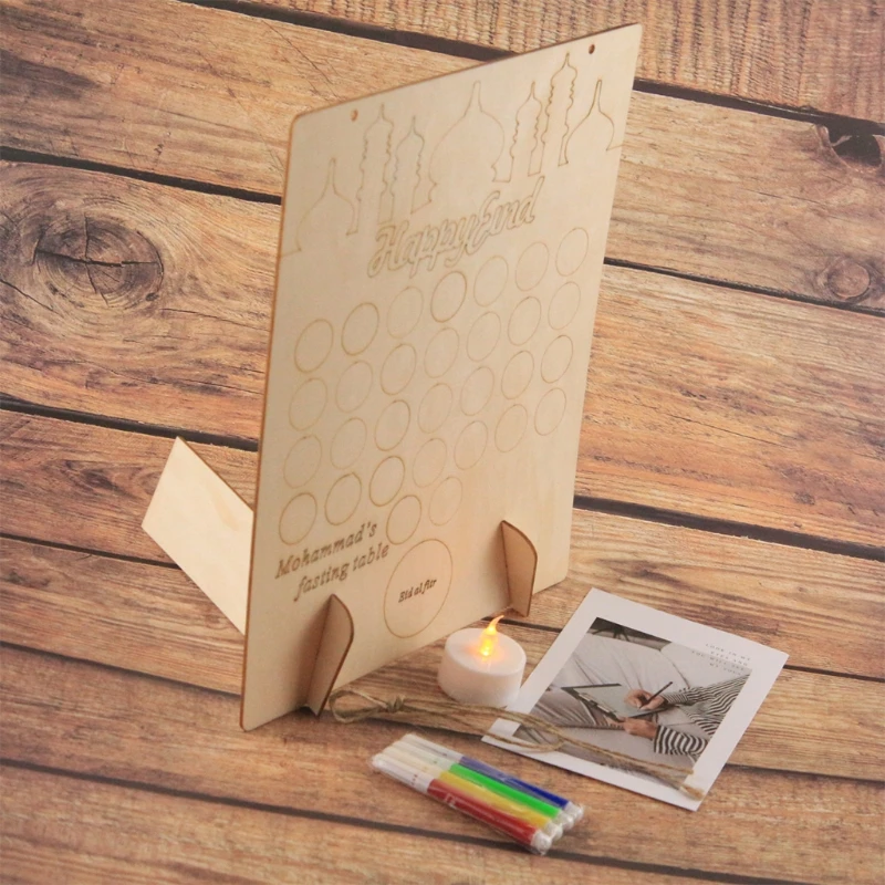 

Ramadan Wooden Countdown Calendar EID Mubarak Crafts Graffiti with Pens Muslim