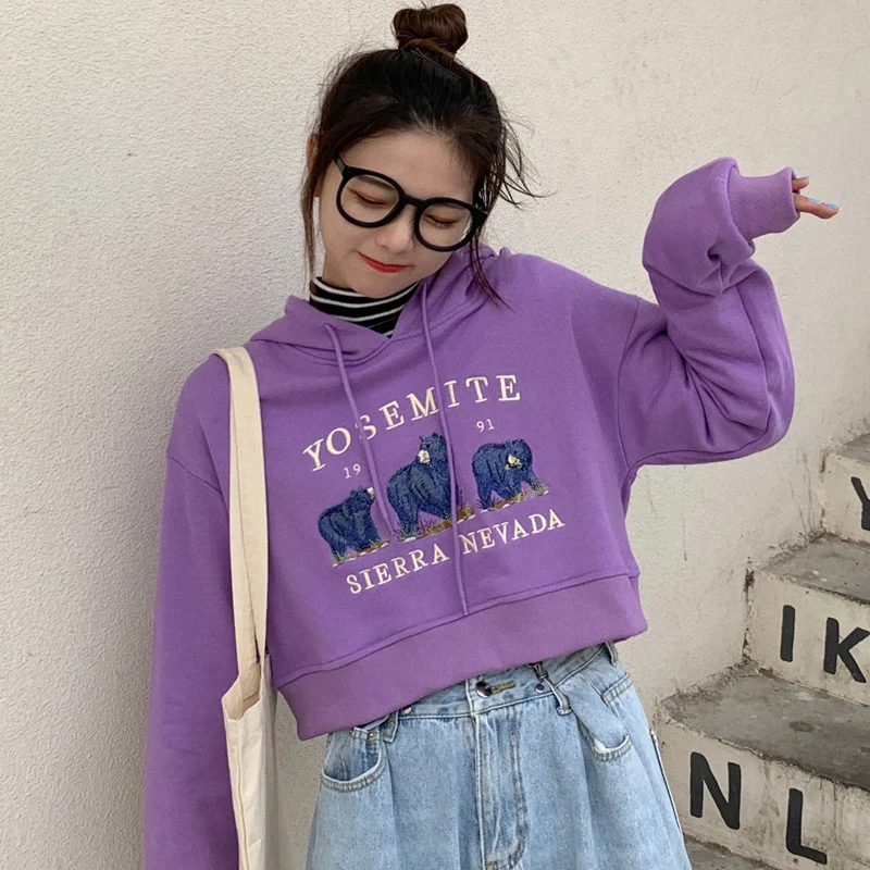 

Women Casual Streetwear Sweatshirt Hoodie Crop Top Jumper Pullover Cartoon Embroidery Short Loose Sweatshirt Blue Shirt