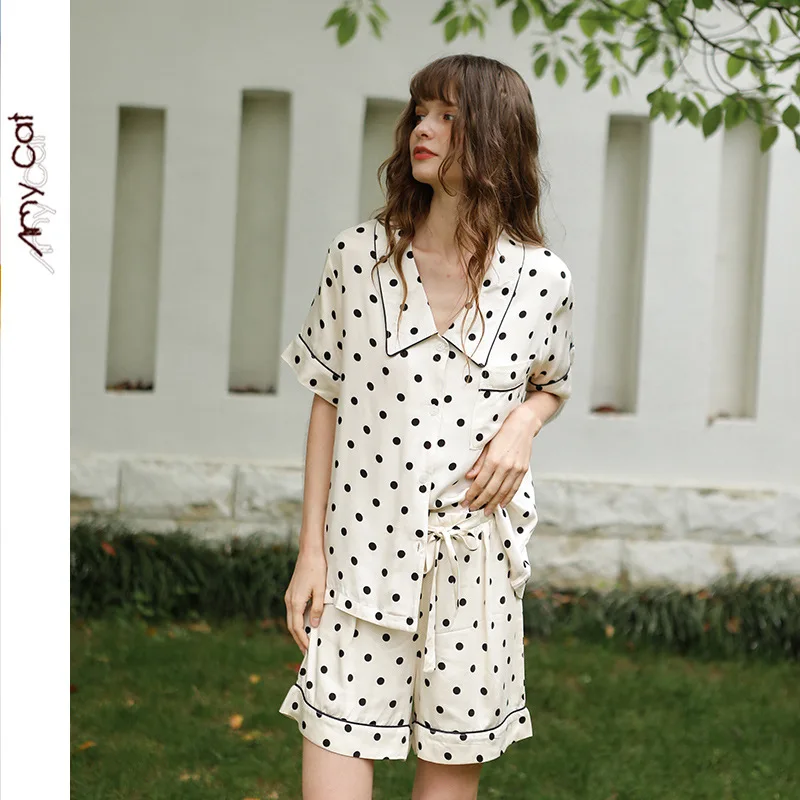 

MUMU 2-piece Women Home Service Solid Color Polka Dot Short-sleeved Shorts Pajamas Set Women's Pajamas Dropshipping